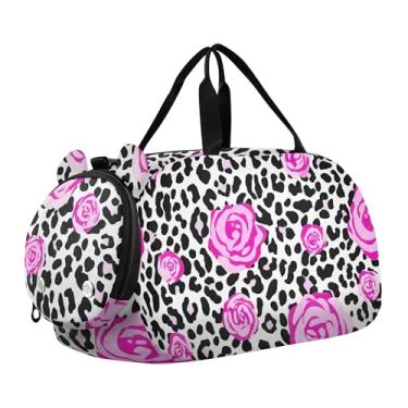 Imagem de Bolsa esportiva para meninos durante a noite para o fim de semana, bolsa de viagem para meninas, bolsa esportiva, arco-íris, quadriculado, retrô, retrô, Estampa de leopardo preto e branco rosa