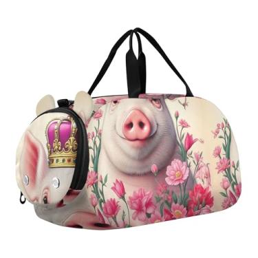 Imagem de Bolsa de viagem para meninos, bolsa de viagem noturna, bolsa de viagem para meninas, dança, bagagem infantil, flamingos vermelhos, pôr do sol, Linda flor de coroa de porco, Clássico