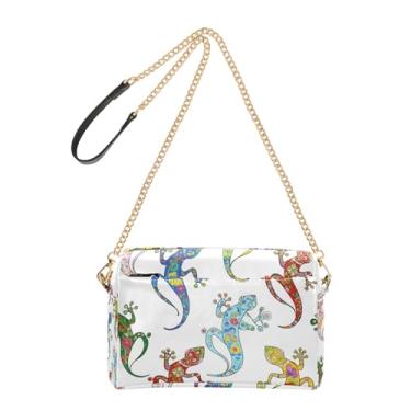 Imagem de Joitme Bolsa feminina transversal para celular bolsa de ombro de couro PU com alça de corrente lagartos coloridos floral branco