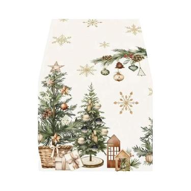 Imagem de Caminho De Mesa Boêmio Em Bege E Dourado Com Cones De Cedro, Frutas De