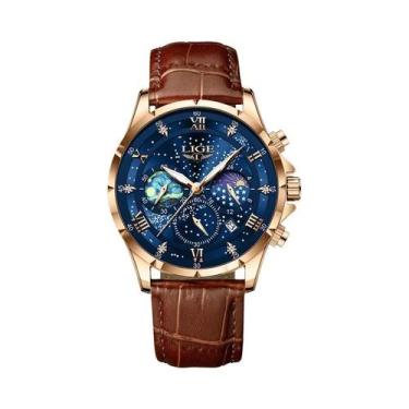 Imagem de Relógio Esportivo Masculino De Couro Genuíno LIGE 2024 Luxuoso Militar