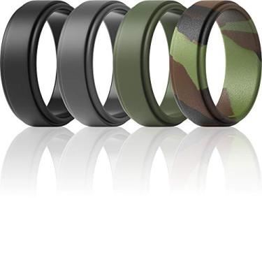 Imagem de ThunderFit Anéis de casamento de silicone para homens - Design elegante com borda de degrau - 4 alianças de noivado de borracha - 8 mm de largura - 2 mm de espessura, 9.5 - 10 (19.8mm), Silicone, Sem