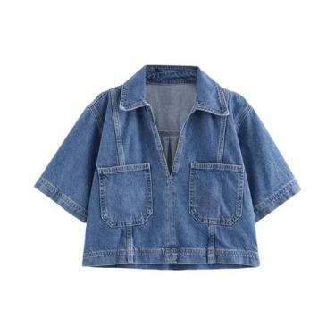 Imagem de Camisa Cropped De Manga Curta Em Jeans Azul Para Mulheres, Moda De Rua