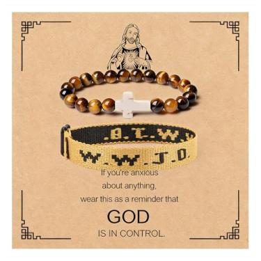 Imagem de Embtrem Pulseira masculina olho de tigre Wwjd Pulseiras What Would Jesus Do Pulseiras para Mulheres Homens Cruz Jesus Cristãs Pulseiras Inspiradoras Joias Vintage Presentes para Aniversário, Large