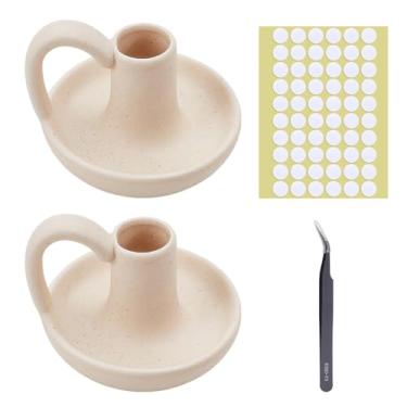 Imagem de OLYCRAFT 2 peças de castiçais cônicos bege com alça de castiçais de cerâmica com 80 peças de adesivo dupla face e 1 pinça de castiçal vintage para decoração de aniversário de festa de casamento em