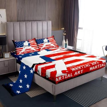 Imagem de Feelyou Jogo de lençol casal com bandeira americana, karatê, kungfu, taekwondo, arte marcial, para meninos e meninas, lençol com elástico alto, estilo bandeira coreana