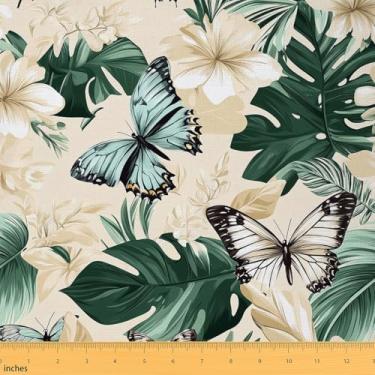 Imagem de Tecido de folhas de palmeira verde da The Yard tecidos de borboleta selvagem aquarela para suprimentos de costura flores naturais plantas da selva tecido para decoração de quarto e estofamento faça