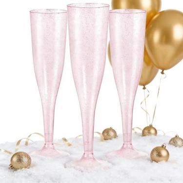 Imagem de WDF Pacote com 36 taças de champanhe de plástico com glitter rosa - Copos rosa descartáveis de 200 ml com glitter taças de champanhe de plástico para festas e casamentos