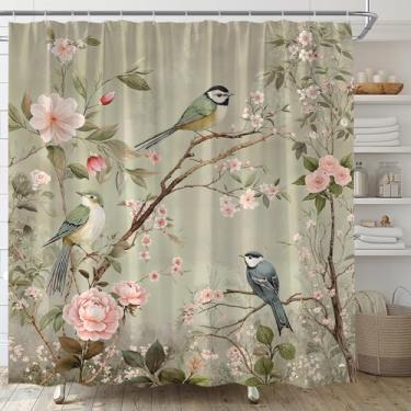 Imagem de TENVSIN Cortina de chuveiro flores pássaros árvore retrô primavera ramo floral asiático oriental chinês paisagem desenhada à mão pintura artística tecido conjunto de decoração de banheiro com ganchos