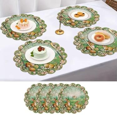 Imagem de Conjunto de 4 tapetes redondos laváveis de coelho da Páscoa, coelhinho da Páscoa, para casa, cozinha, mesas de jantar e restaurantes, antiderrapante, fácil de limpar