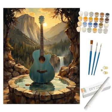 Imagem de Kit de pintura de guitarra na natureza por números para adultos - Pintura de paisagem de guitarra acústica DIY em tela enrolada em tela 40,6 x 50 cm, conjunto de tinta acrílica para iniciantes, arte