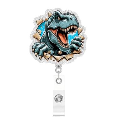 Imagem de Carretel de crachá retrátil de dinossauro, clipe de identificação com glitter engraçado presente para enfermeira, médico, trabalhador de escritório, professor, amante de animais, jardim de infância