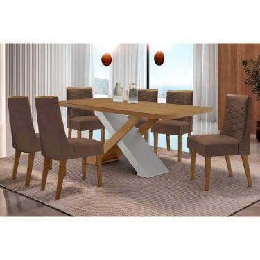 Imagem de Sala Jantar Mesa Imperatriz Tampo Curvo 180cm+6 Cadeiras Maldivas Madeira Naturale/Off White - Capuccino/Suede Marrom - Rufato