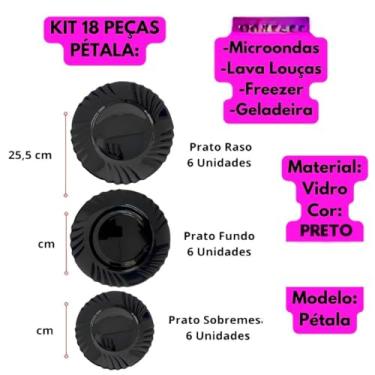 Imagem de Kit Jogo conjunto de 18 Pratos Black Modelo Pétala Luxo Opaline 6 Fundo 6 Raso 6 Sobremesa Vidro