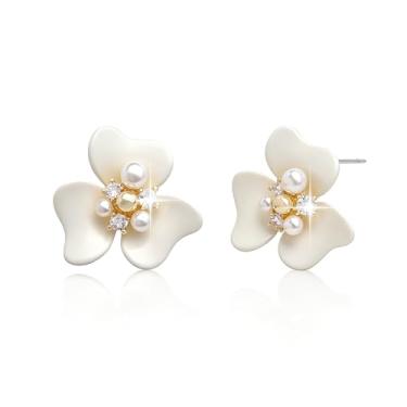 Imagem de Sonateomber Brincos de flor para mulheres, brincos modernos de pétalas florais douradas, pérolas, zircônia, formatura, primavera, casamento, acessórios de moda, joias para presente, Latão, Zircônia