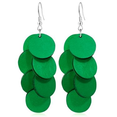 Imagem de StyleJella Brincos de pingente de disco redondo de madeira feitos à mão Boho – Brincos de borla longa em camadas geométricas para mulheres, joias leves para férias, uso diário e festa, Madeira, Sem