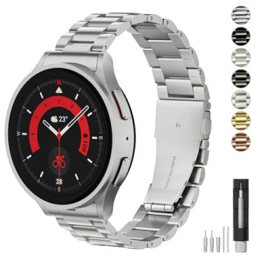 Imagem de FUNSTONE Pulseira de aço inoxidável compatível com Samsung Galaxy Watch 7 6 5 4 FE Pro Classic de 40 mm, 44 mm, 43 mm, 47 mm, 45 mm, 42 mm e 46 mm, pulseira de metal elegante casual sem lacunas para