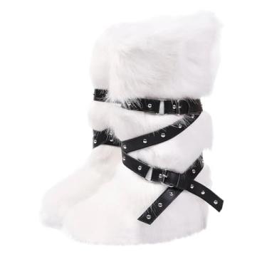 Imagem de Botas de neve femininas modernas, casuais, de salto plano, cano alto, quente, inverno, cano longo, picante, alça, plus de veludo, cabeça redonda, cano médio, Branco, 39