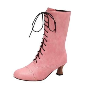 Imagem de Botas femininas modernas, casuais, versáteis, descoladas e estilosas de inverno, bico redondo, com zíper, bico redondo, salto alto, tornozelo, rosa, 34