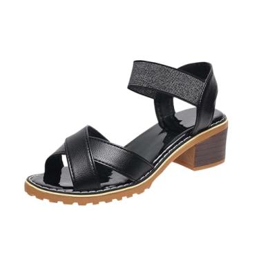 Imagem de Sandálias femininas fashion casual versátil fivela pé respirável férias verão salto grosso sandálias femininas material PU, Preto, 34
