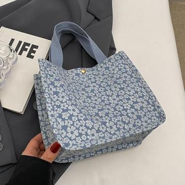 Imagem de Bolsa pequena de lona floral – Bolsa feminina moderna estilo INS, leve, grande capacidade, ombro e bolsa de mão, Azul