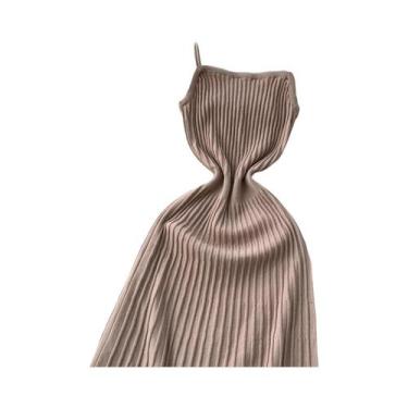 Imagem de Vestido Midi Amarelo De Cintura Alta Sem Mangas Em Tricô Plissado Para