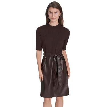 Imagem de H Halston Vestido feminino de meia manga de couro vegano com cinto na altura do joelho, Café, 48