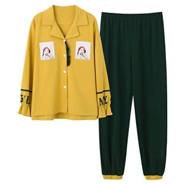 Imagem de HHHJQFAAT Pijama de outono e inverno para mulheres, conjunto de pijama de manga comprida, gola virada para baixo, plus size (amarelo grande)