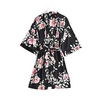 Imagem de HHHJQFAAT Pijama feminino 3 peças floral rendado acabamento cetim Cami conjunto de pijama com robe decote em V roupa de dormir vestido G azul marinho-B (azul marinho f)