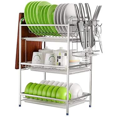 Imagem de U5GAAALPPQ9 Escorredor de pratos escorredor de pratos escorredor de pratos de aço inoxidável 304 com placa de drenagem, suporte de utensílios, suporte de placa de panela de corte