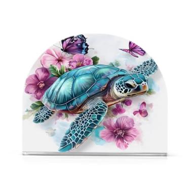 Imagem de Porta-guardanapos para mesa, tartaruga marinha flores roxas porta-guardanapos de casa de fazenda, porta-guardanapos de cozinha de Natal para guardanapos de papel