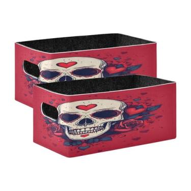 Imagem de xigua Conjunto de 2 caixas de armazenamento fofas de caveira com rosas, cubo de armazenamento dobrável, organizador de cestas de armazenamento para livros, prateleiras, armário, lavanderia, berçário
