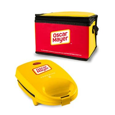 Imagem de Sanduicheira Oscar Mayer com saco refrigerador de bebidas | Superfície antiaderente de 12,7 cm com luzes indicadoras e recurso de bloqueio | Bolsa de almoço e bebidas incluídas | Amarelo