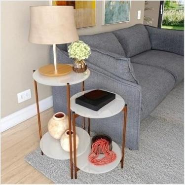Imagem de Conjunto Mesa Lateral e Mesa de Apoio Moderna – MDF com Pés de Ferro Bronze (OFFWHITE PÉ BRONZE)
