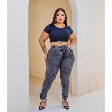 Imagem de Calça Skinny Plus size feminina jeans Cintura alta chumbo marmorizada 