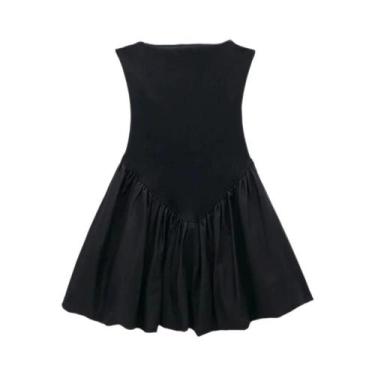 Imagem de Vestido Feminino Mini Retalhos com Manga Puff - Alças Finas e Decote e