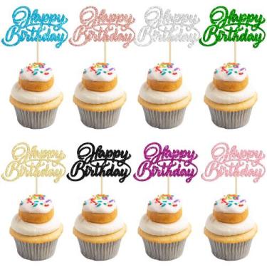 Imagem de Enfeites para Cupcake Ephlyn 24 Unidades com Glitter Feliz Aniversário