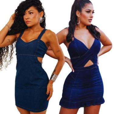 Imagem de Kit 2 Vestidos Jeans Feminino Lisos com Zíper Lavagem Escura Casual Mo