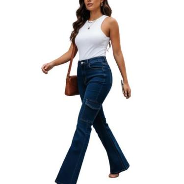 Imagem de Calça Jeans Feminina Flare Wide Leg Com Bolsos Cargo Laterais - You, 4