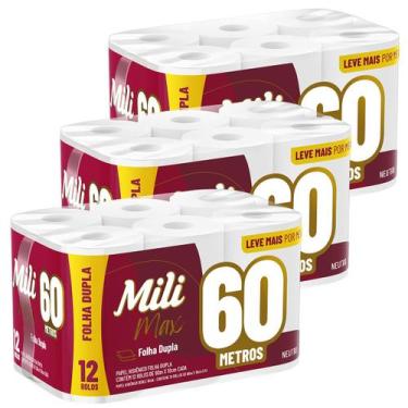 Imagem de Kit 3 Pacotes Papel Higiênico Folha Dupla Mili 12 Rolos com 60 Metros 