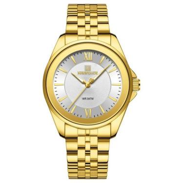 Imagem de Relógio Feminino Minimalista Elegante à Prova D'água Analógico Pulseira Aço Inox Branco Dourado Naviforce