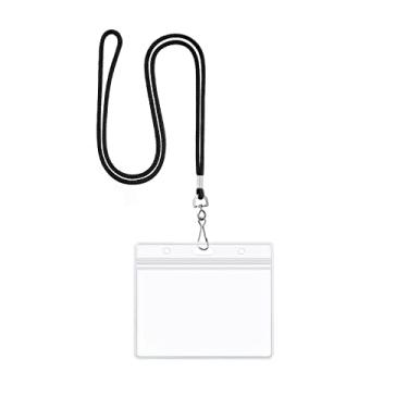 Imagem de Corda com suporte de identificação Plástico transparente 3x4 Crachá de crachá horizontal Portadores de crachá de PVC à prova d'água Cartões de identificação ZHEGUI (preto acetinado, pacote de 25)