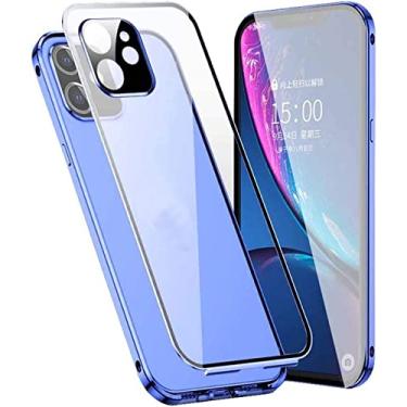 Imagem de KKFAUS Capa magnética para Apple iPhone 12 (2020) 6,1 polegadas, moldura de metal transparente dupla face vidro temperado capa traseira de telefone (cor: azul)
