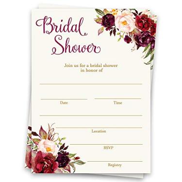 Imagem de Convites de chá de noiva preenchimento em branco convites flores florais vinho casamento casamento casamento casamento casamento casamento noiva para ser casamento coEd cartões marrom vermelho ouro aquarela preenchimento nas linhas faça você mesmo (24 unidades)