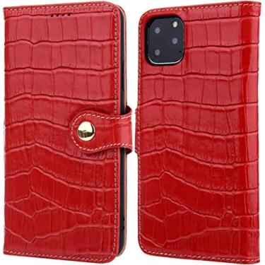 Imagem de HOUCY Capa carteira de couro genuíno para iPhone 14/14 Plus/14 Pro/14 Pro Max, suporte flip com padrão de crocodilo clássico com capa protetora para slot para cartão (cor: vermelho, tamanho: 14 Pro Max 6,7 polegadas)