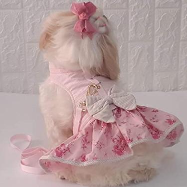 Imagem de roupa para cachorro vestido pet com guia rosa floral passeio viagem yorkshire spitz shitzu pug (PP, PRIMAVERA VERAO, ROSA FLORAL)