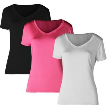 Imagem de Kit 3 Camiseta Proteção Solar Gola V Feminina Manga Curta Uv50+ 1 Bran