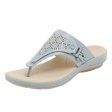 Imagem de Sandálias femininas de verão cor sólida slip on casual bico aberto anabela sapatos de praia confortáveis chinelos sandálias terra para mulheres tamanho 10 (azul claro, 38)