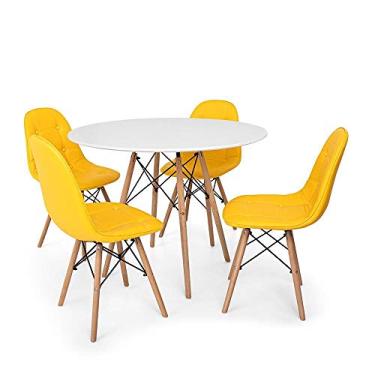 Imagem de Conjunto Mesa Eiffel Branca 80cm + 4 Cadeiras Dkr Charles Eames Wood Estofada Botonê Amarela