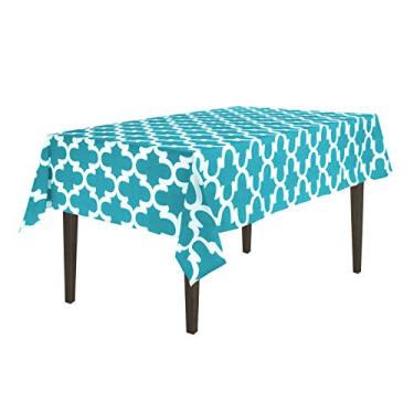 Imagem de LinenTablecloth Toalha de mesa retangular de algodão turquesa e branca, 147 x 177 cm